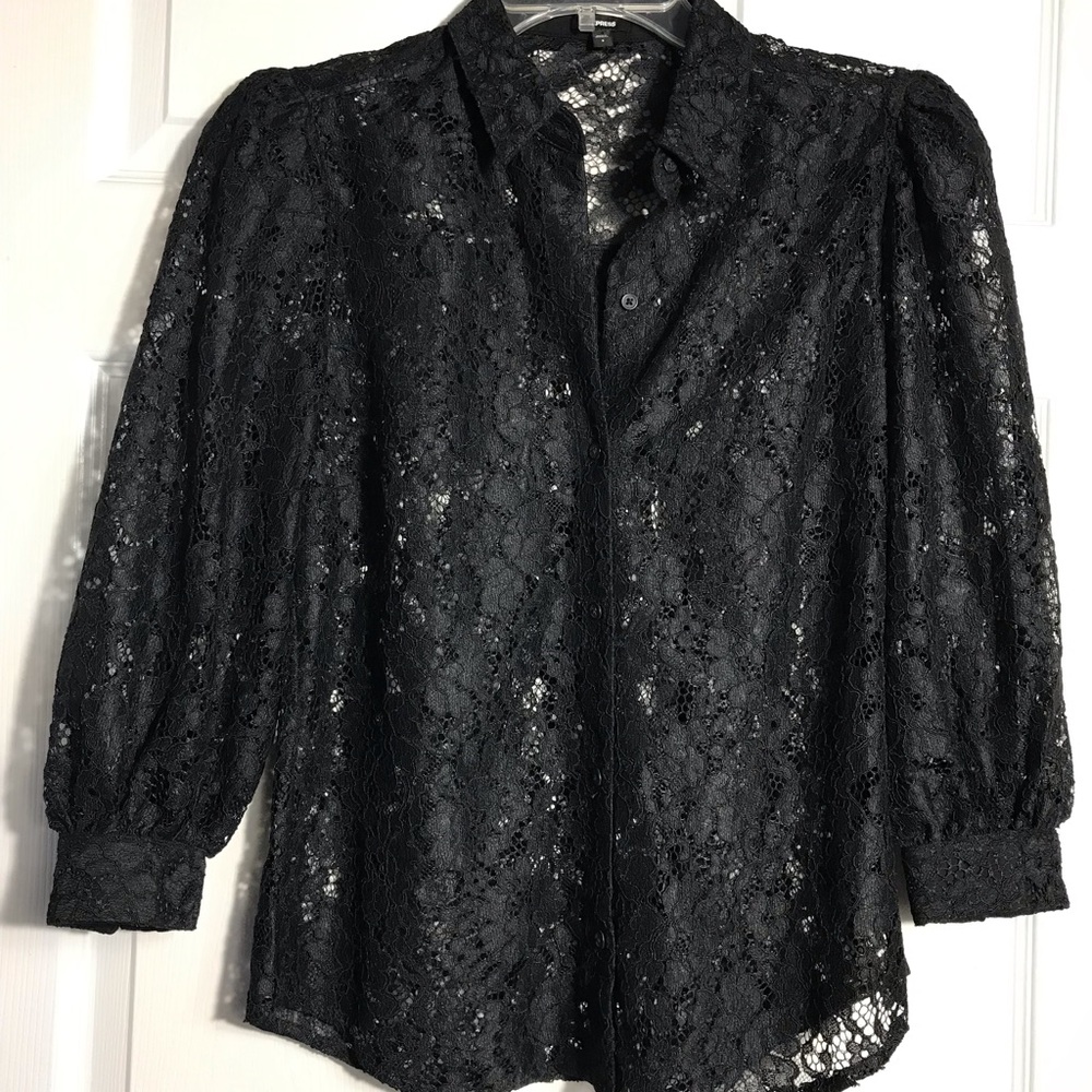 Express Black Lace Button-Front Blouse S